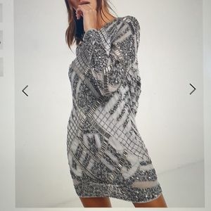 Embellished cowl back shift mini dress